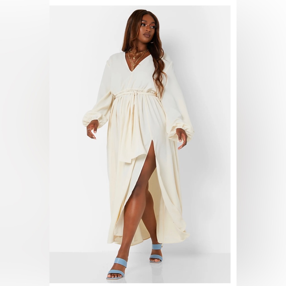 Merida Deep V Neck Belted Maxi Skater Dress- Plus Size - Beige